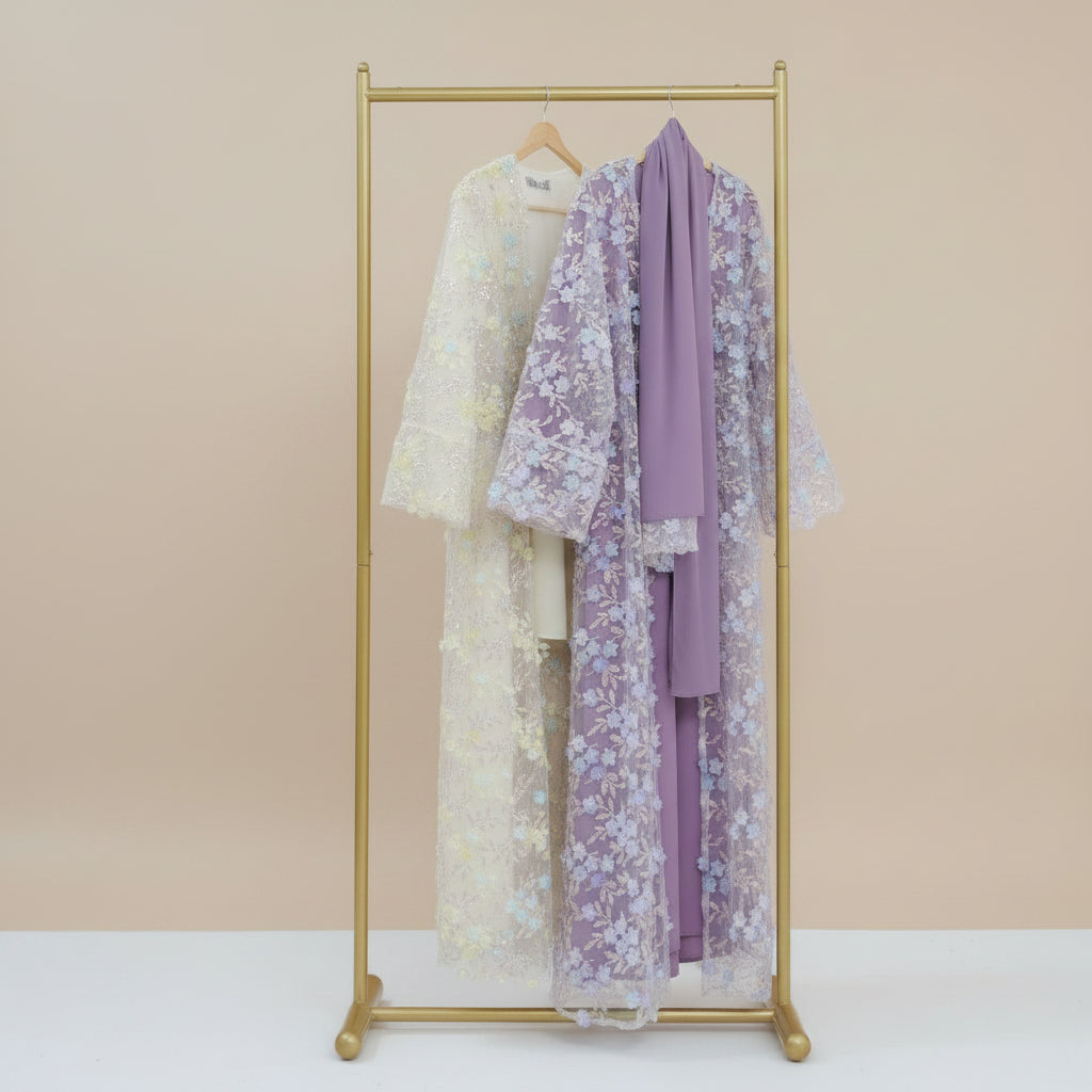 Completo Naylira con abaya floreale 3D – Abito modesto e hijab in 3 pezzi