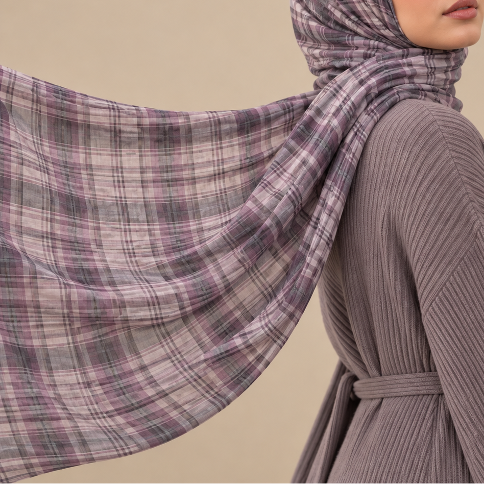 Hijab modal à carreaux Mauve Haze