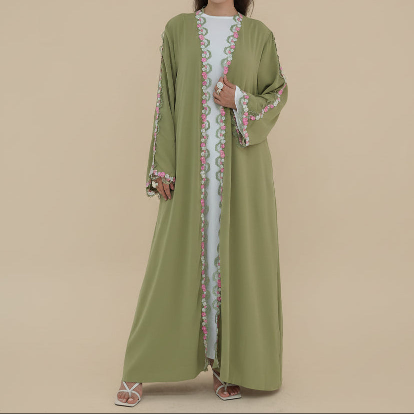 Maysa Floral Lace Nida Abaya – Premium Breathable Open Front Evening Gown