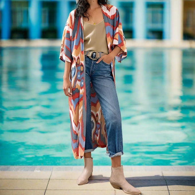 Mid length printed beach kimono - Try Modest Limited