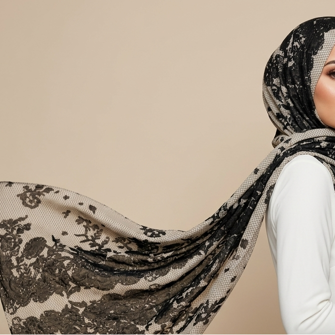 Modest fashion fine-art portrait featuring a luxury Chantilly lace patterned modal hijab and elegant white maxi dress