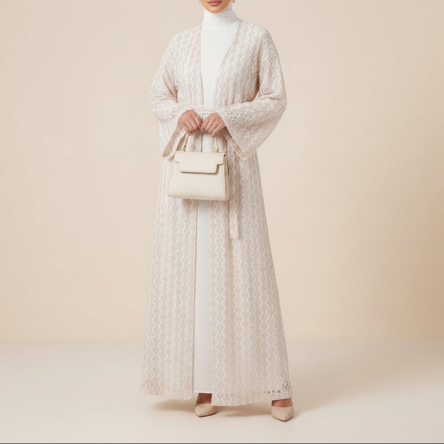 Mihri Crochet Lace Belted Abaya Kimono