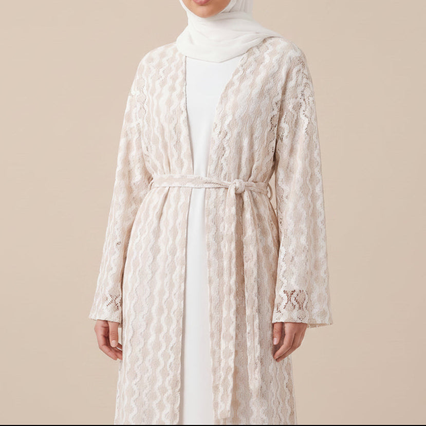 Mihri Crochet Lace Belted Abaya Kimono