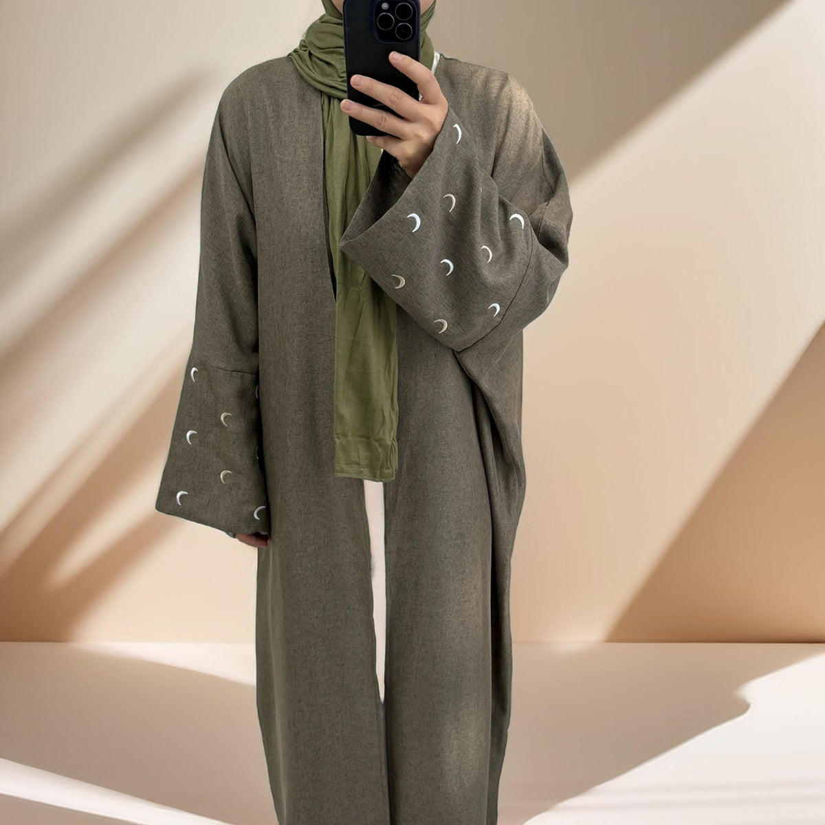 Moon Embroidery  Linen Kimono Abaya - Try Modest Limited