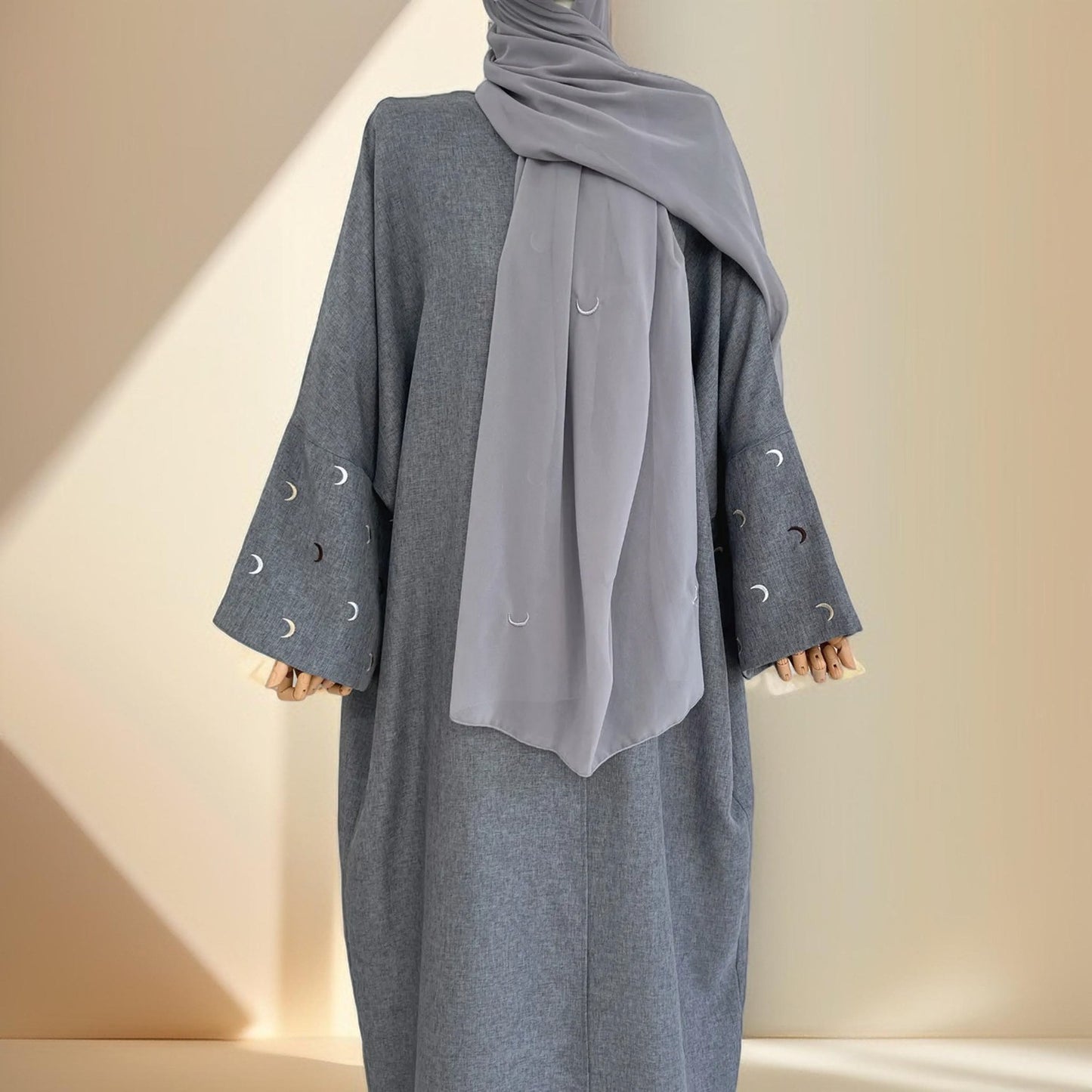 Moon Embroidery Hijab and Linen Kimono Abaya Set - Try Modest Limited 