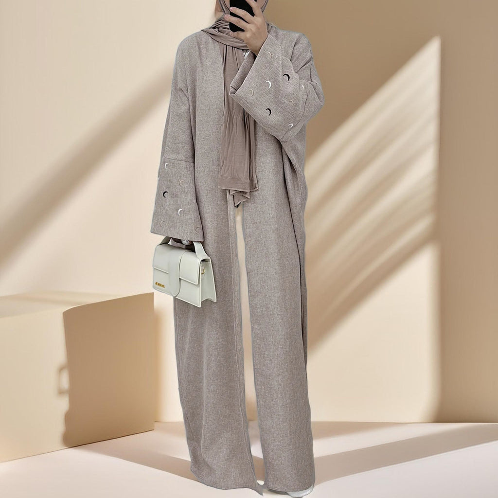 Moon Embroidery  Linen Kimono Abaya - Try Modest Limited
