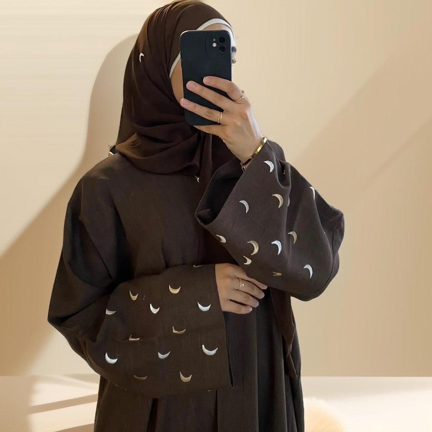 Moon Embroidery Hijab and Linen Kimono Abaya Set - Try Modest Limited 