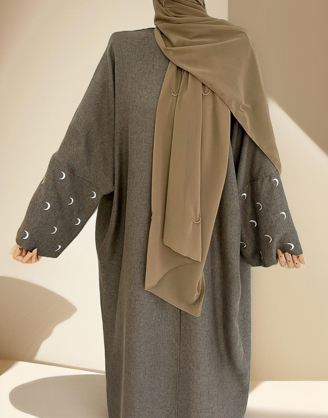 Moon Embroidery Hijab and Linen Kimono Abaya Set - Try Modest Limited 