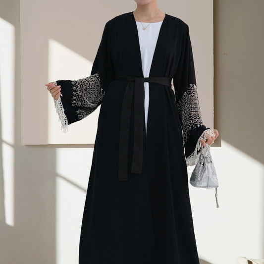 Moonlit Pearl Open Front Abaya in black - Try Modest Limited 