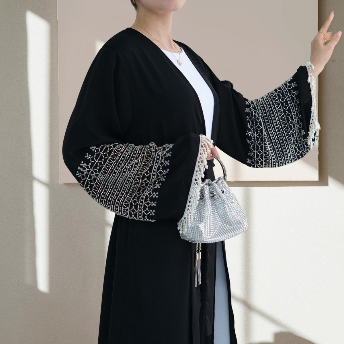 Moonlit Pearl Open Front Abaya in black - Try Modest Limited