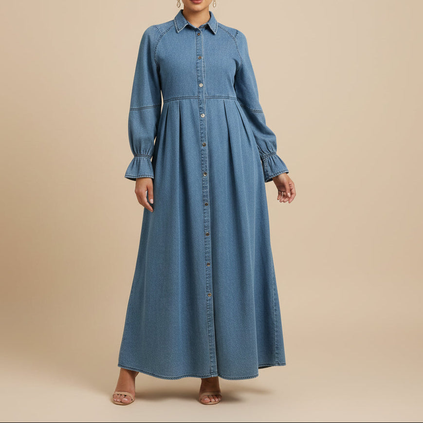 Nahla Blaues Jeans-Maxikleid mit Knopfleiste