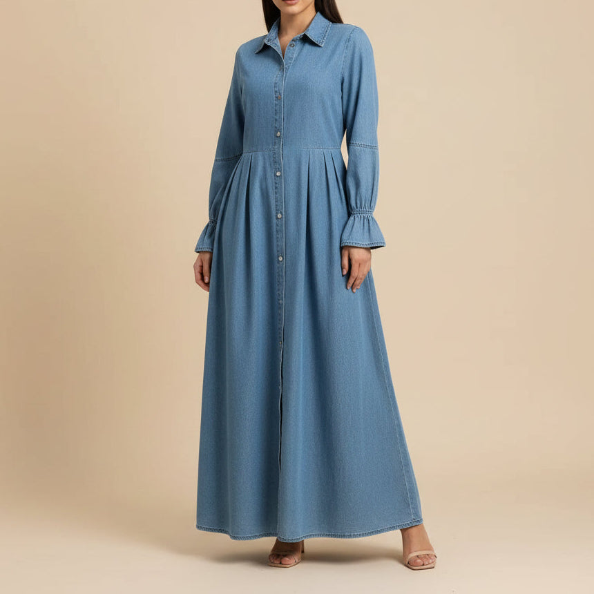 Nahla Blaues Jeans-Maxikleid mit Knopfleiste