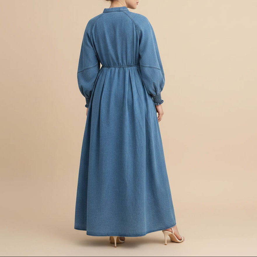 Nahla Blaues Jeans-Maxikleid mit Knopfleiste
