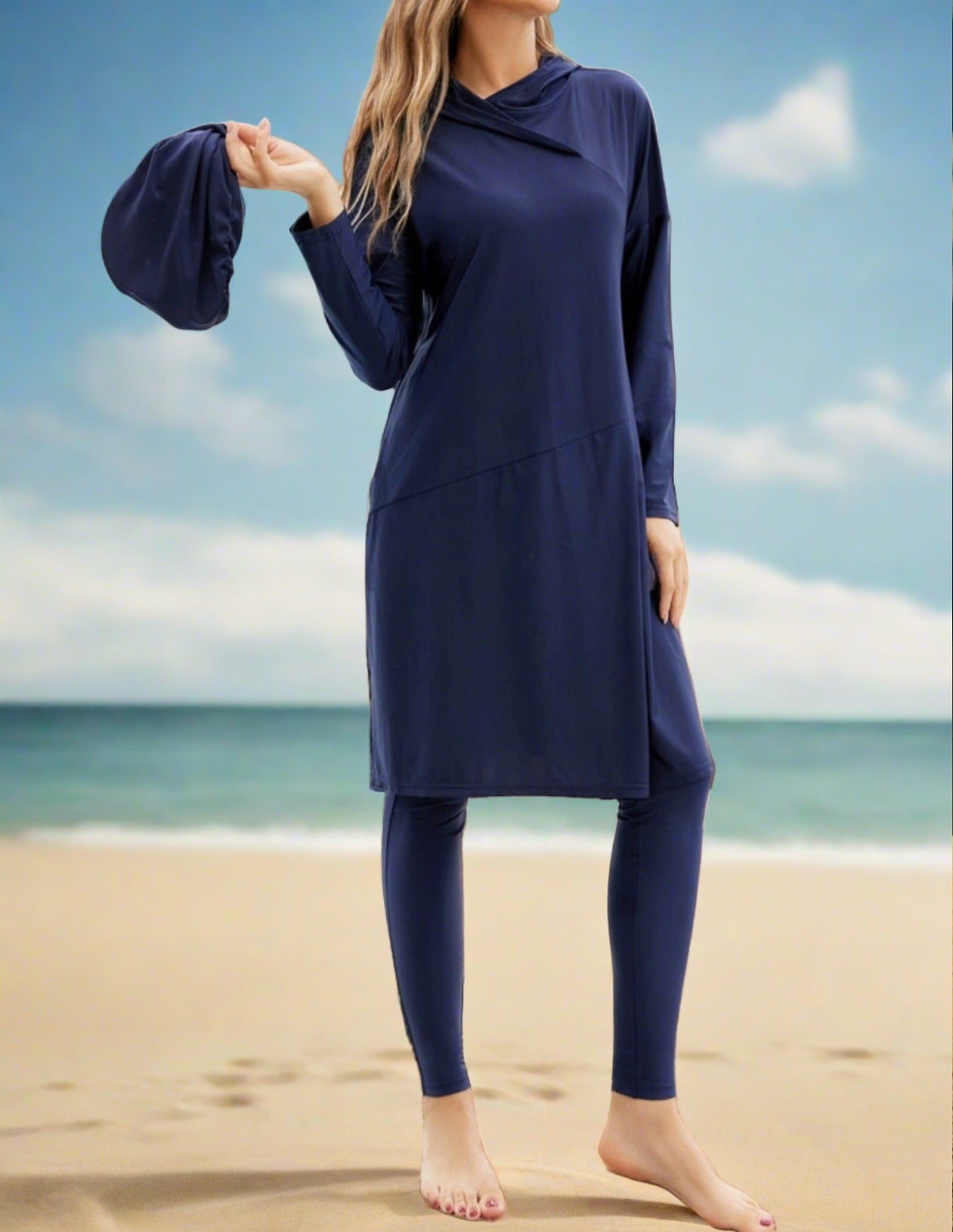 Navy 3 PC modest swimsuit with hoodie - Try Modest Limited 