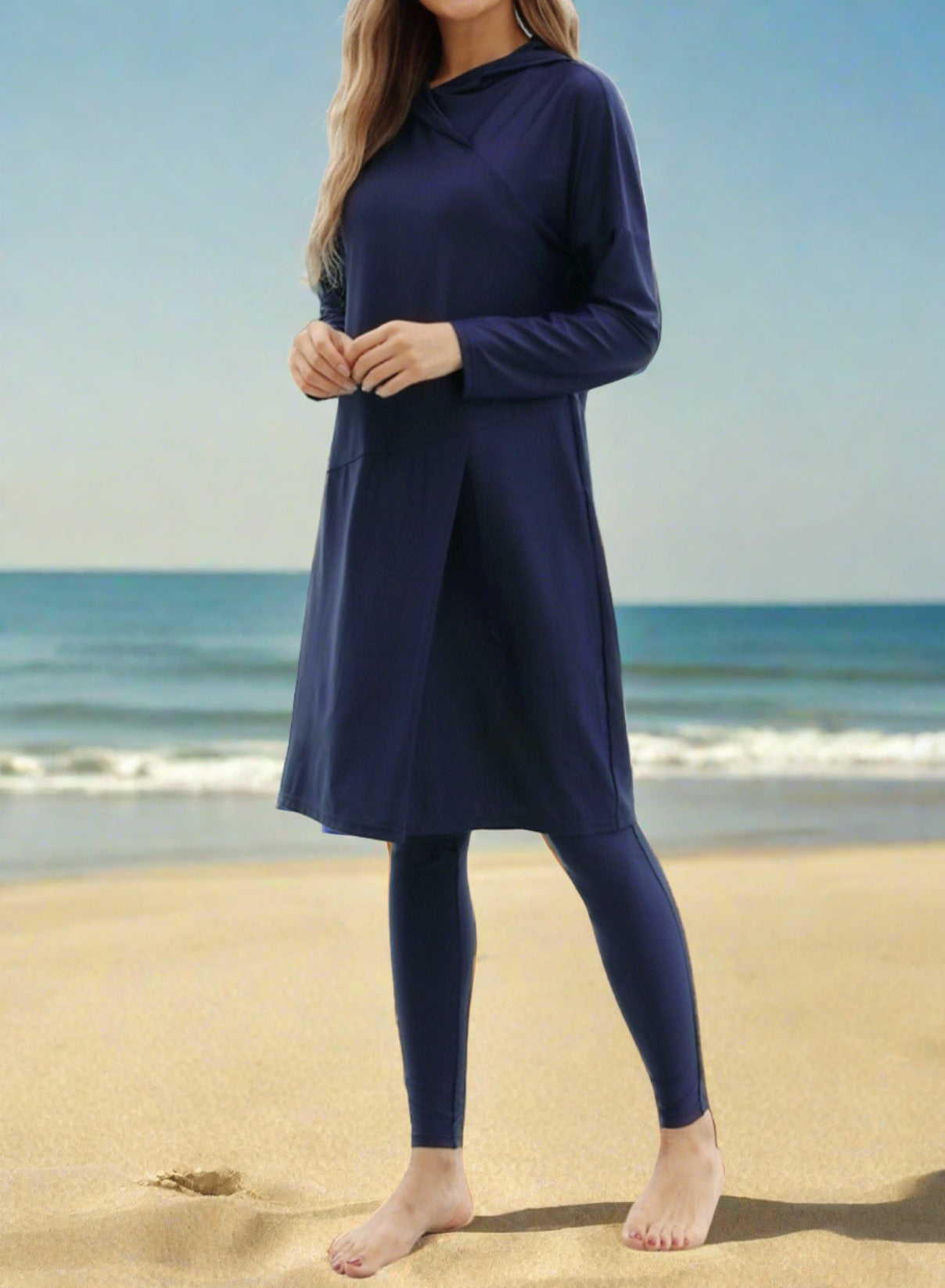 Navy 3 PC modest swimsuit with hoodie - Try Modest Limited 