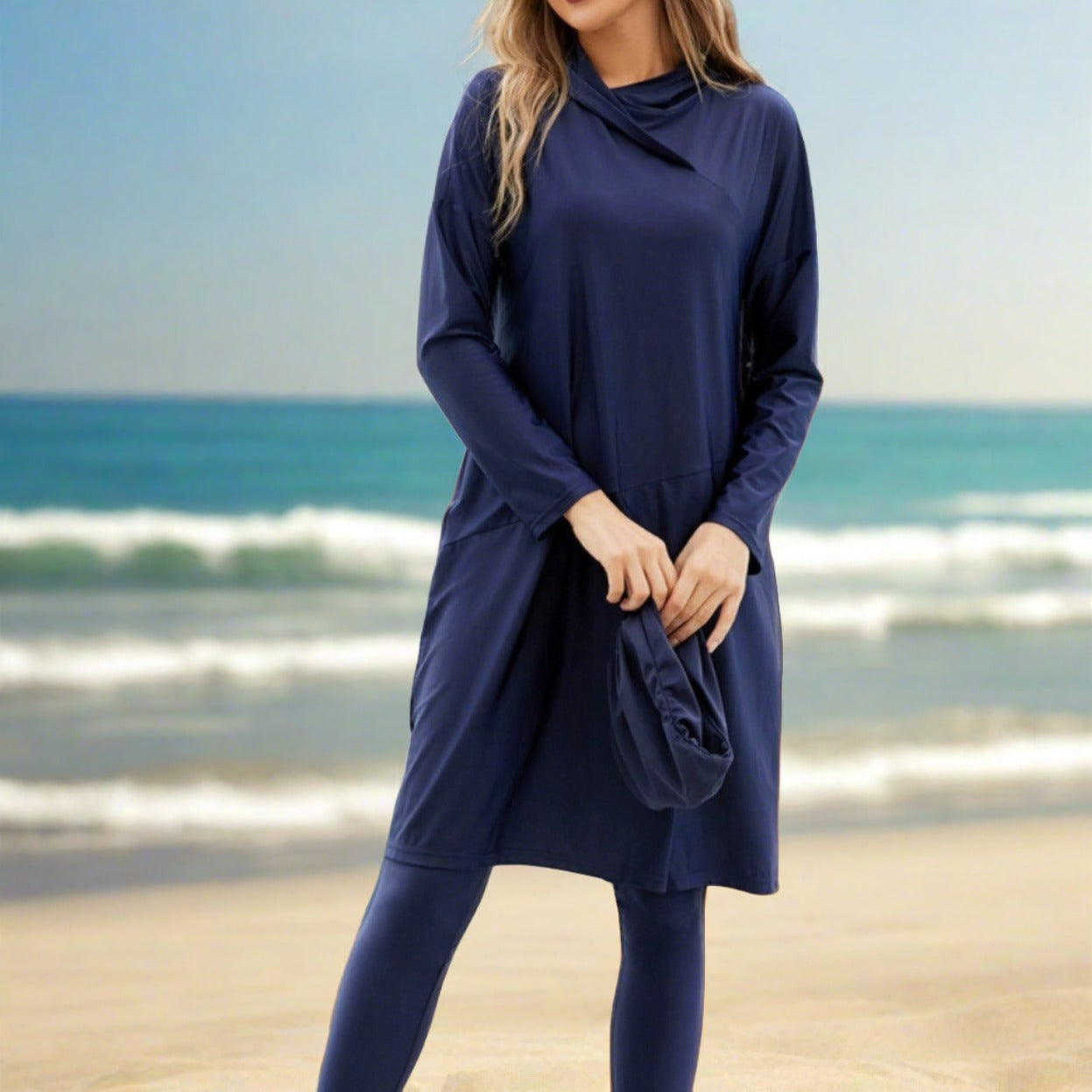 Navy 3 PC modest swimsuit with hoodie - Try Modest Limited 