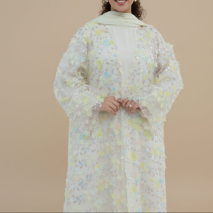 Completo Naylira con abaya floreale 3D – Abito modesto e hijab in 3 pezzi