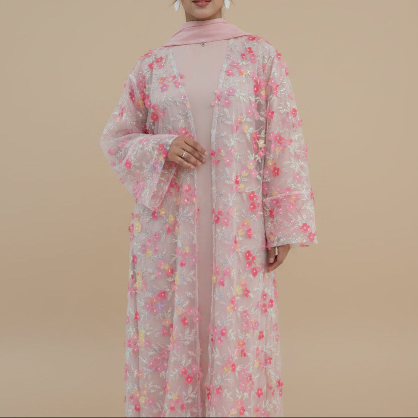 Completo Naylira con abaya floreale 3D – Abito modesto e hijab in 3 pezzi