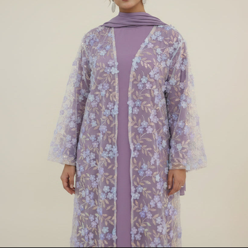 Completo Naylira con abaya floreale 3D – Abito modesto e hijab in 3 pezzi
