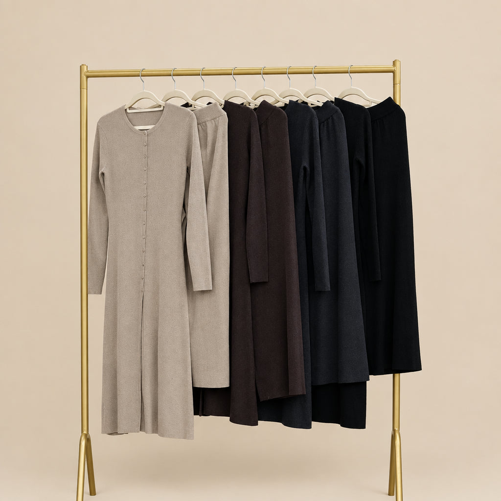 A set of long-sleeve knitted midi dresses and pants sets in neutral tones hanging on a gold metal rack against a white paneled wall. The dresses are shown in beige, taupe, dark brown, black, and deep charcoal.