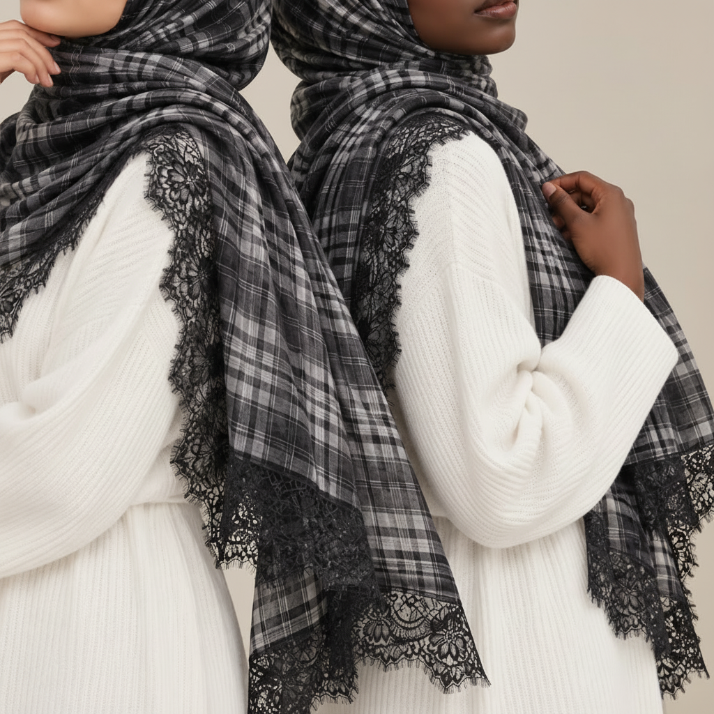 Hijab modale in pizzo scozzese nero