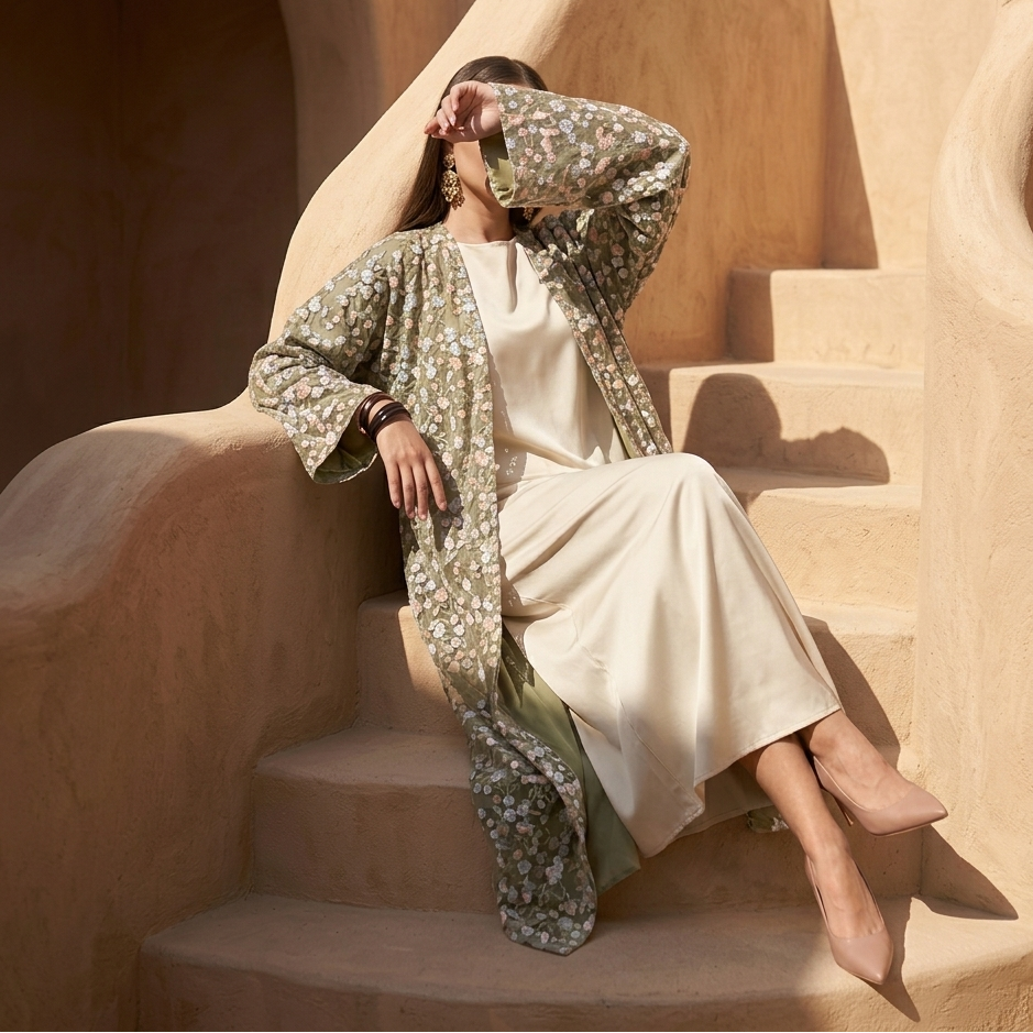 Nooré Aufwendig besticktes Luxus-Abaya-Set mit offenem Eingang