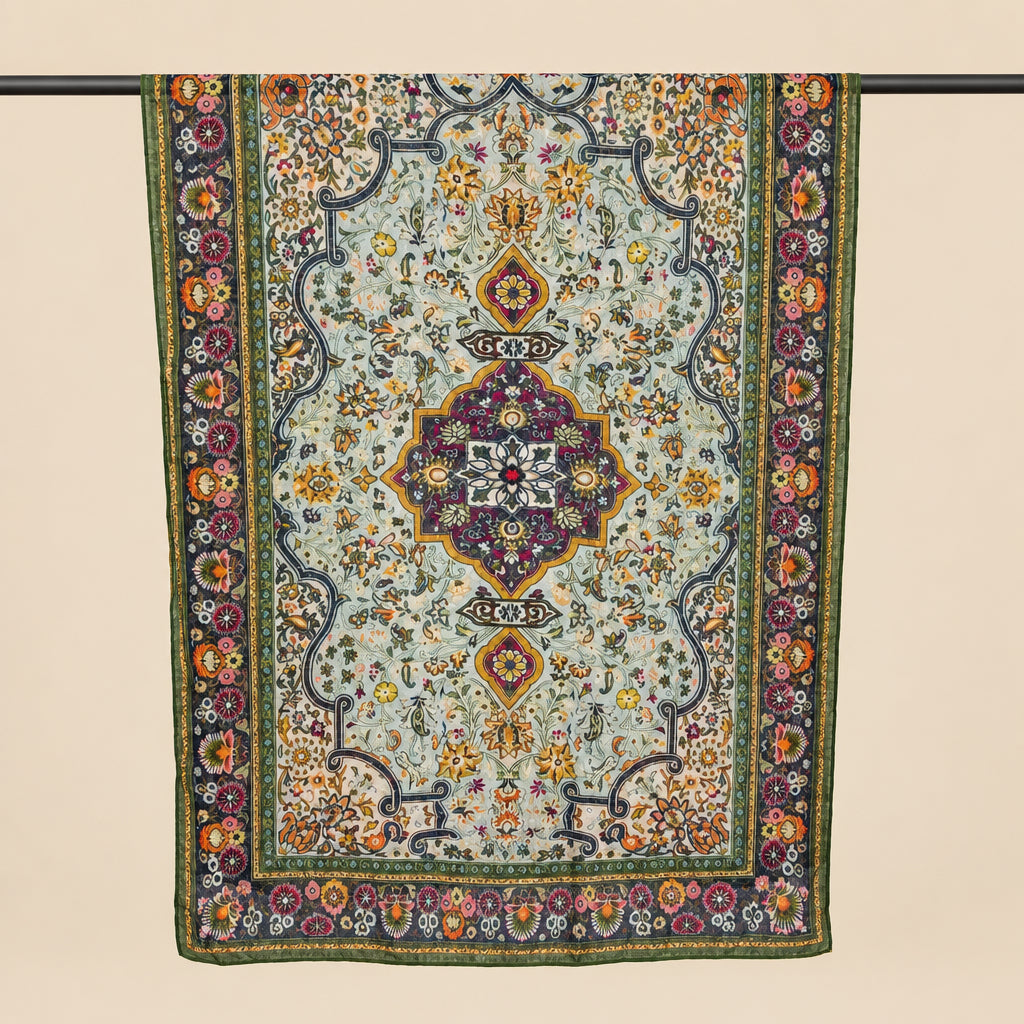 A vintage-style Persian modal hijab with an intricate floral pattern, featuring a central medallion in purple and gold, hanging from a black metal rod 