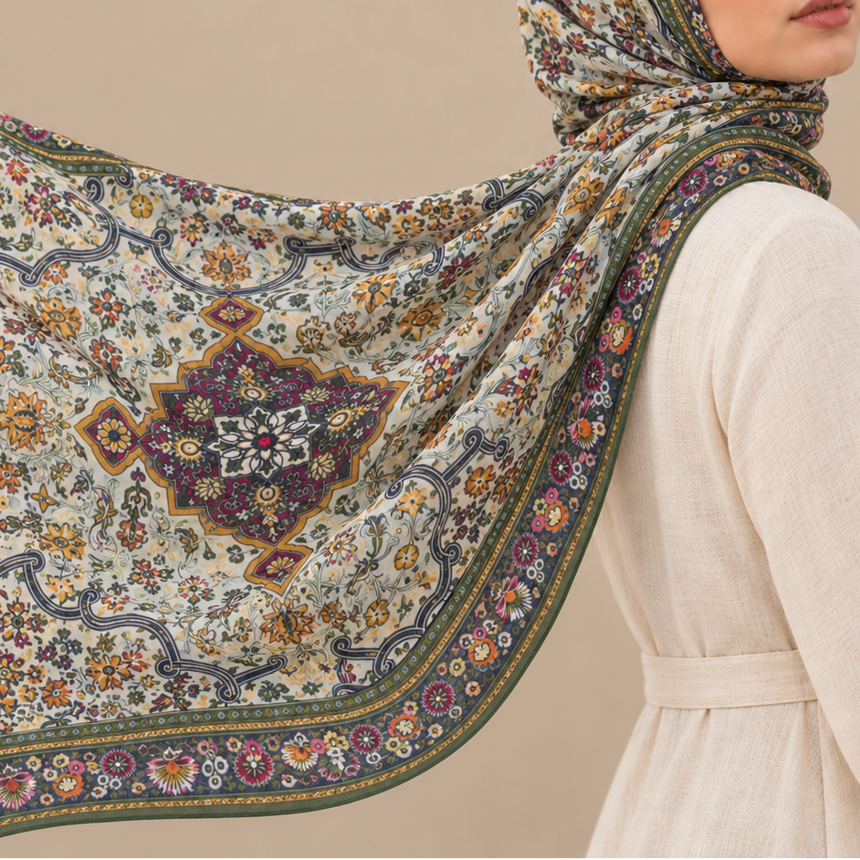 Model wearing the Persian Garden printed modal hijab with an ivory base, burgundy floral details and a deep green border.