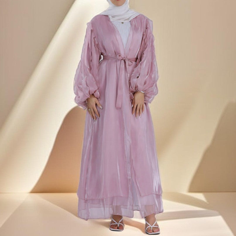 kimono dress abaya pink 2-piece Abaya: butterfly kimono and short-sleeved underdress, satin fabric