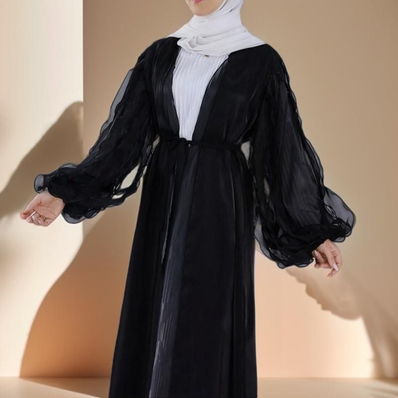 Petal Puff Sleeve Sheer Kimono Open Abaya - Try Modest Limited