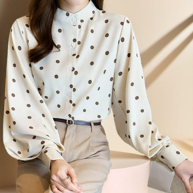 Polka Dot Stand-Up Collar Lantern Sleeve Shirt - Try Modest Limited