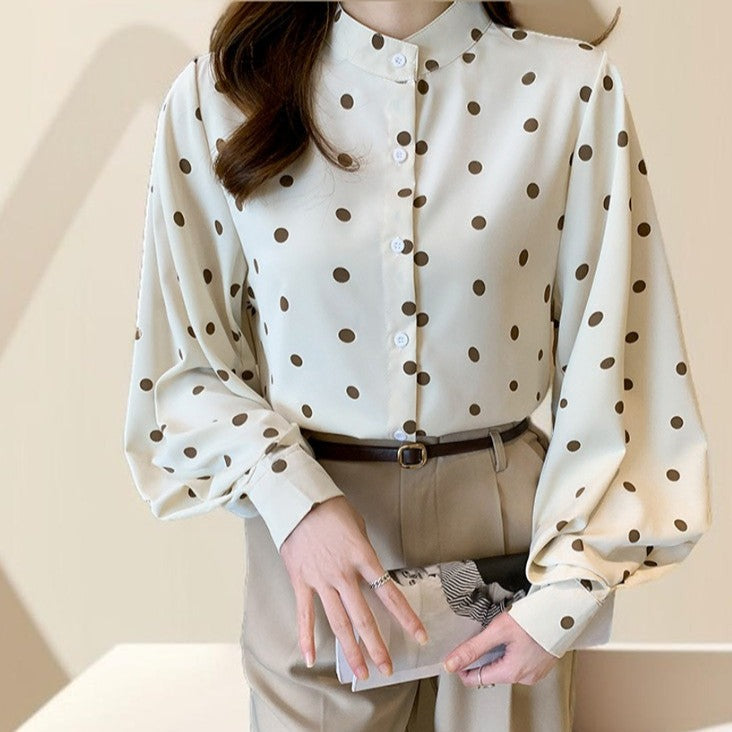 Polka Dot Stand-Up Collar Lantern Sleeve Shirt - Try Modest Limited