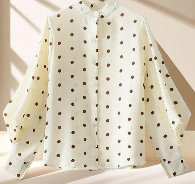 Polka Dot Stand-Up Collar Lantern Sleeve Shirt - Try Modest Limited