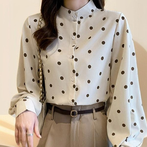 Polka Dot Stand-Up Collar Lantern Sleeve Shirt - Try Modest Limited