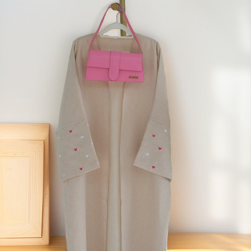 Qalb al-Haya- Heart Pattern Embroidery Linen Open Abaya Dubai New Fashion Kimono - Try Modest Limited