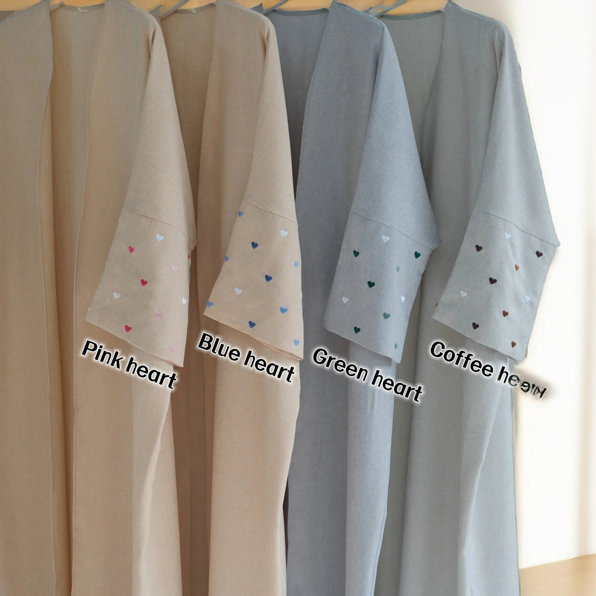Qalb al-Haya- Heart Pattern Embroidery Linen Open Abaya Dubai New Fashion Kimono - Try Modest Limited