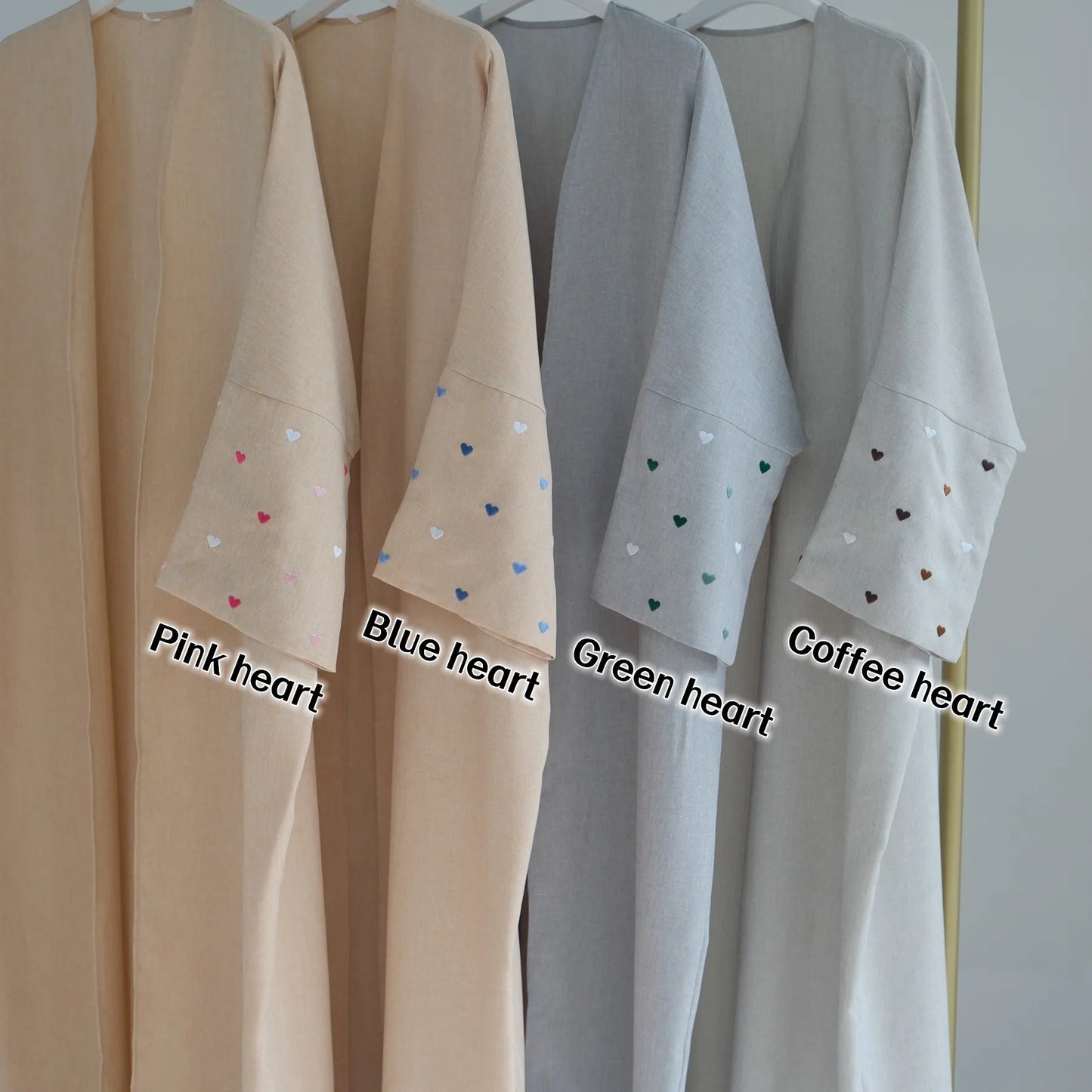 Qalb al-Haya- Heart Pattern Embroidery Linen Open Abaya Dubai New Fashion Kimono - Try Modest Limited 