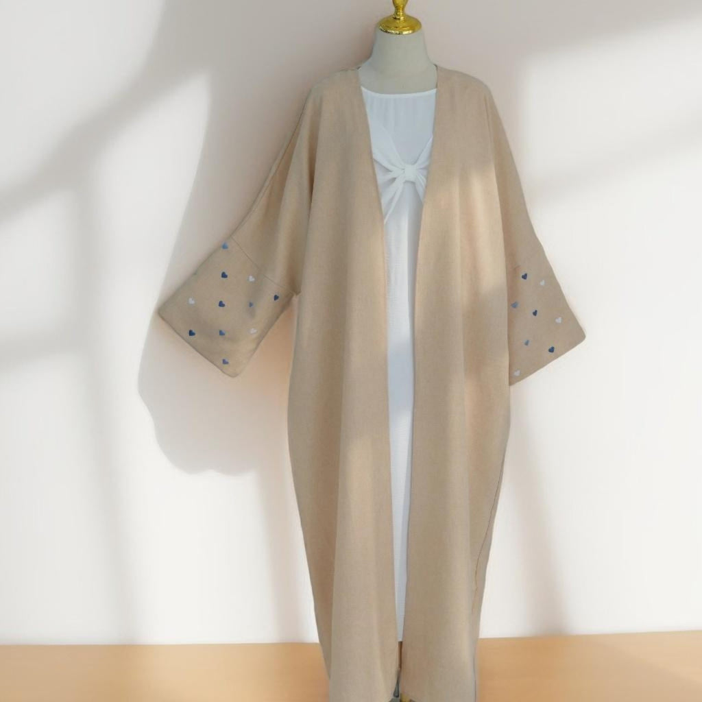 Qalb al-Haya- Heart Pattern Embroidery Linen Open Abaya Dubai New Fashion Kimono - Try Modest Limited