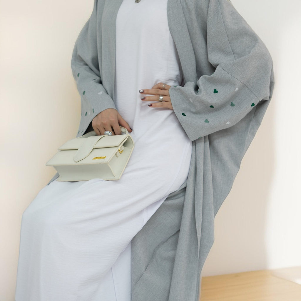 Qalb al-Haya- Heart Pattern Embroidery Linen Open Abaya Dubai New Fashion Kimono - Try Modest Limited