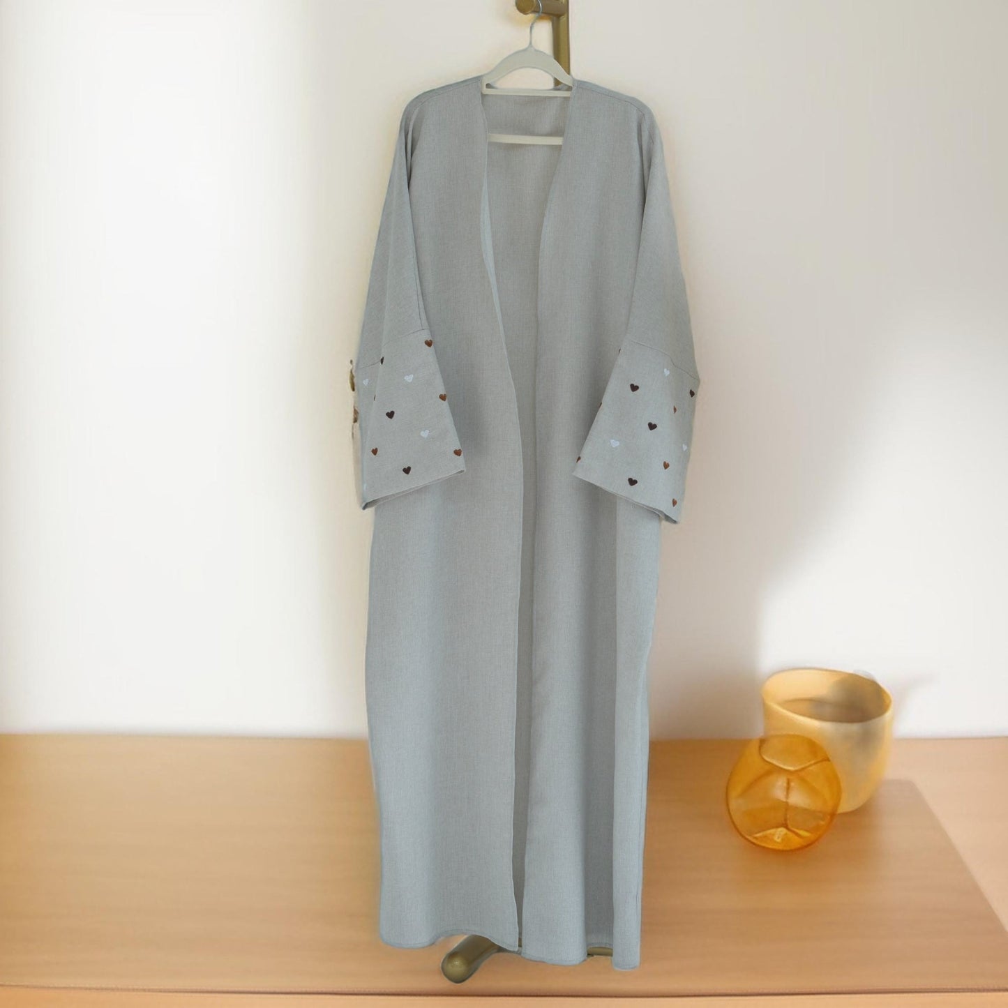 Qalb al-Haya- Heart Pattern Embroidery Linen Open Abaya Dubai New Fashion Kimono - Try Modest Limited 