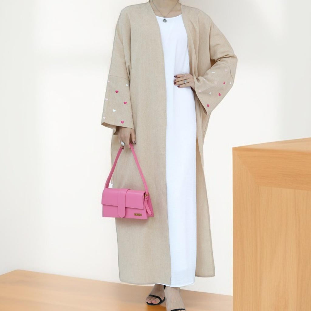Qalb al-Haya- Heart Pattern Embroidery Linen Open Abaya Dubai New Fashion Kimono - Try Modest Limited