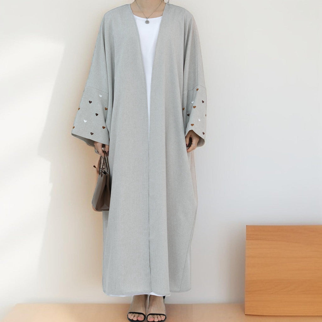 Qalb al-Haya- Heart Pattern Embroidery Linen Open Abaya Dubai New Fashion Kimono - Try Modest Limited