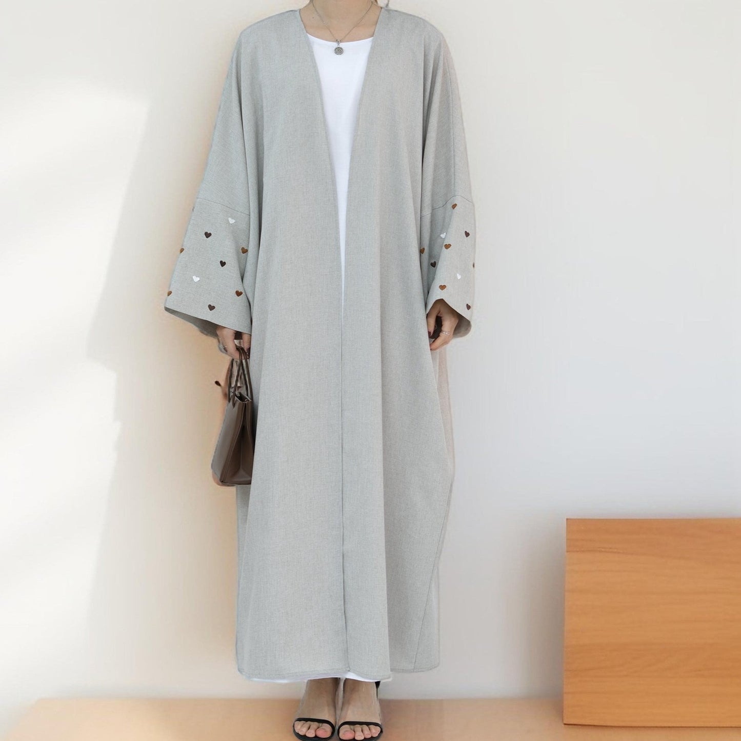 Qalb al-Haya- Heart Pattern Embroidery Linen Open Abaya Dubai New Fashion Kimono - Try Modest Limited 