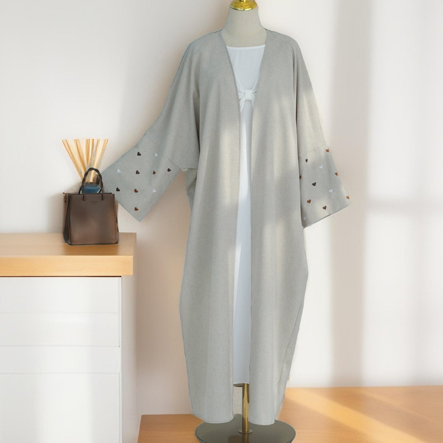 Qalb al-Haya- Heart Pattern Embroidery Linen Open Abaya Dubai New Fashion Kimono - Try Modest Limited 