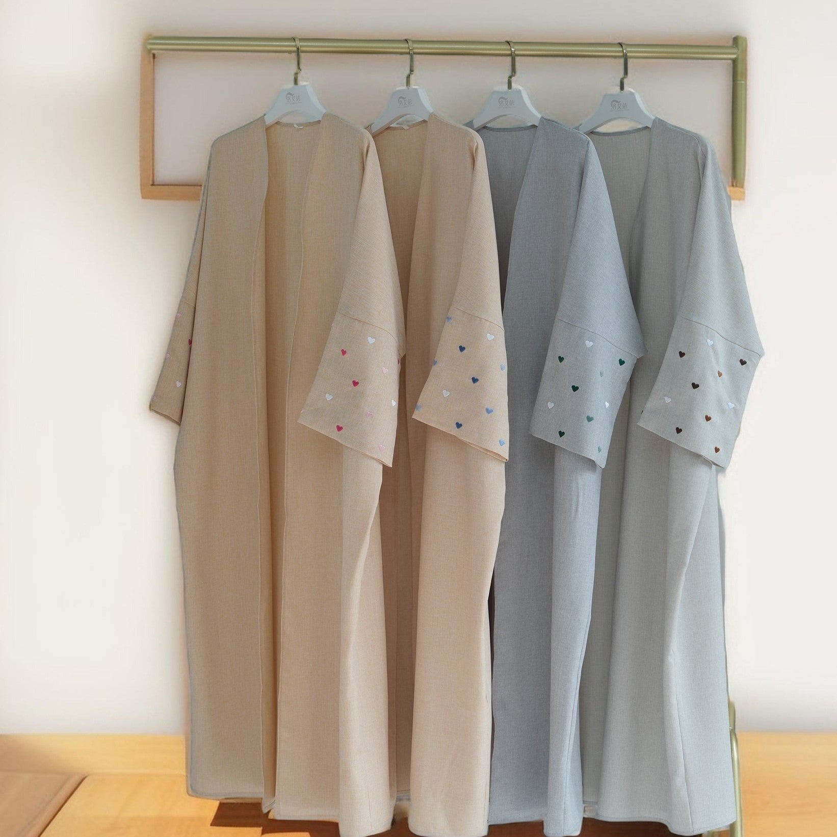 Qalb al-Haya- Heart Pattern Embroidery Linen Open Abaya Dubai New Fashion Kimono - Try Modest Limited 