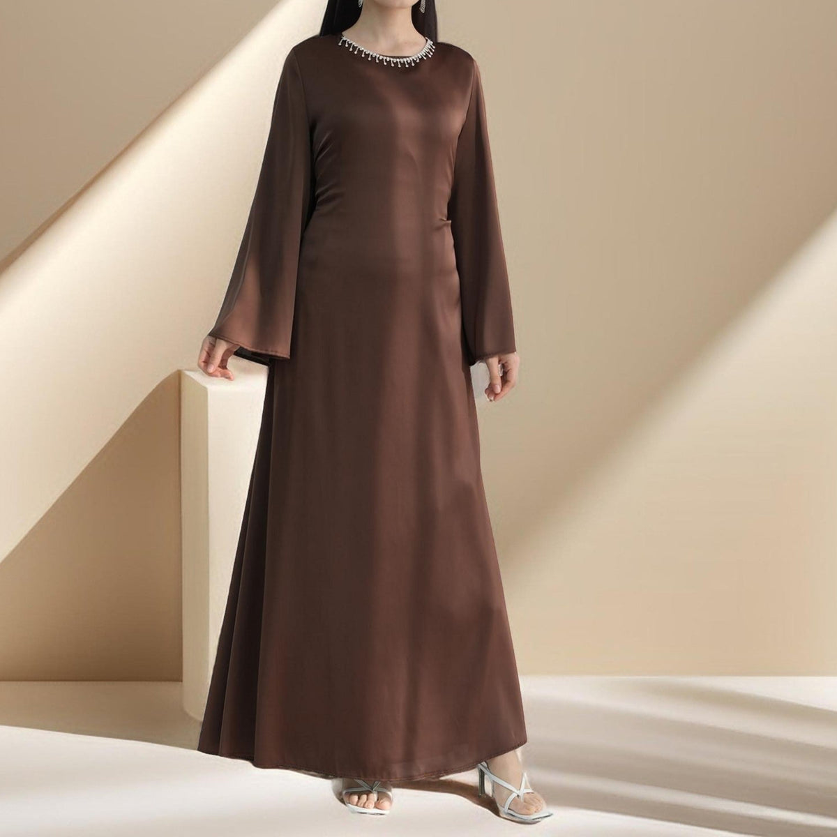 brown satin dress modest Brown Satin Modest Long Drape Sleeves 2 Piece Dress Set 8