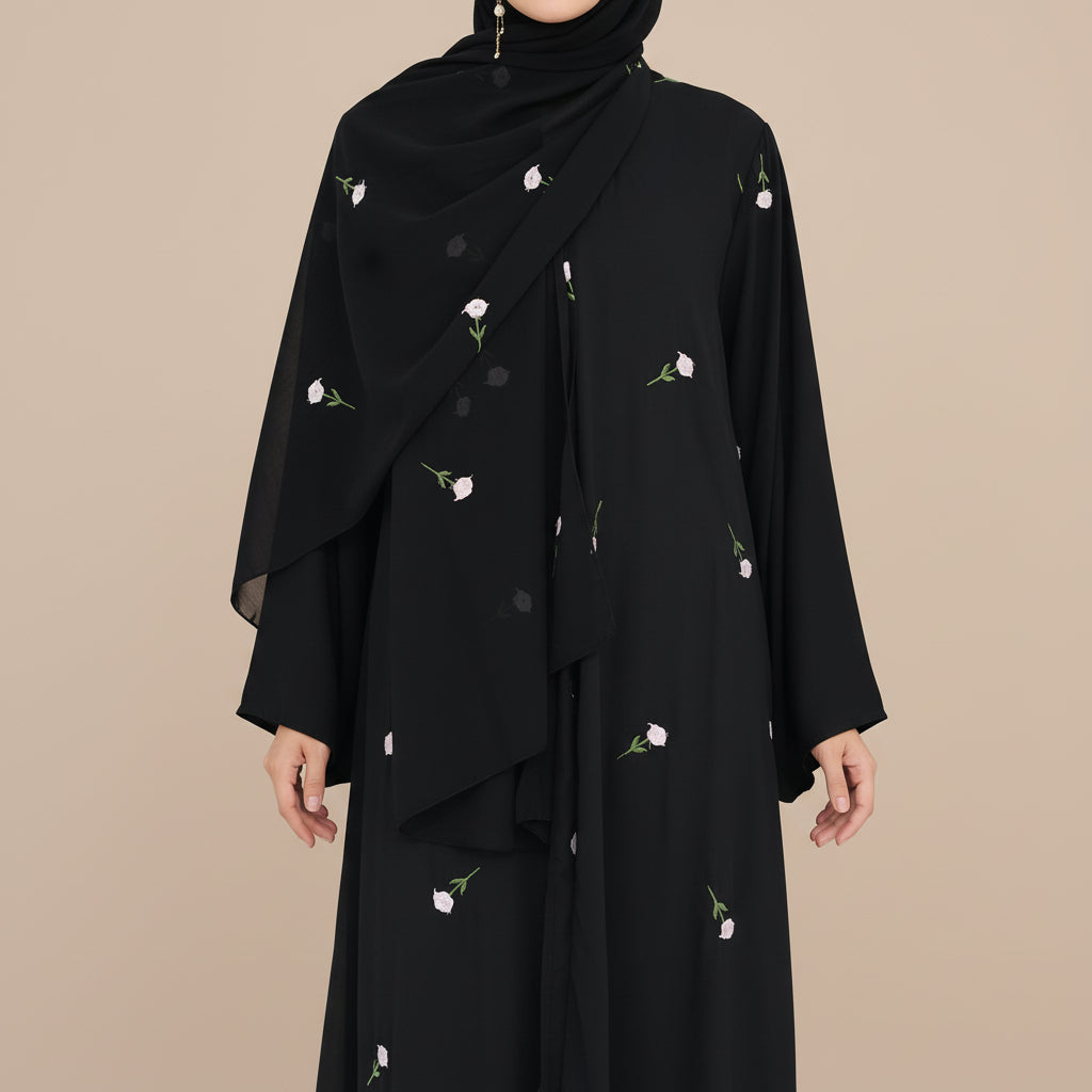 Raylina Floral Embroidered Open Abaya & Hijab Set