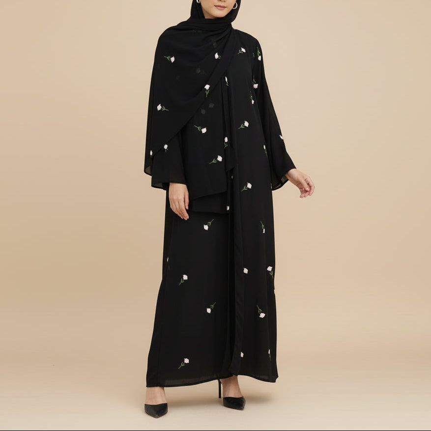 Raylina Floral Embroidered Open Abaya & Hijab Set