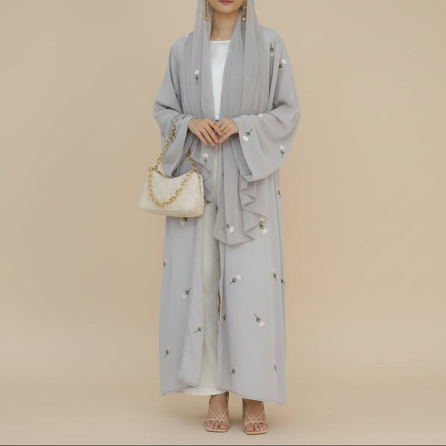 Raylina Floral Embroidered Open Abaya & Hijab Set