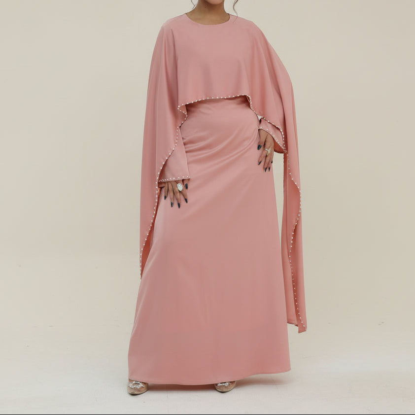 Ruhi Pearl-Trimmed Cape Sleeve Abaya Gown